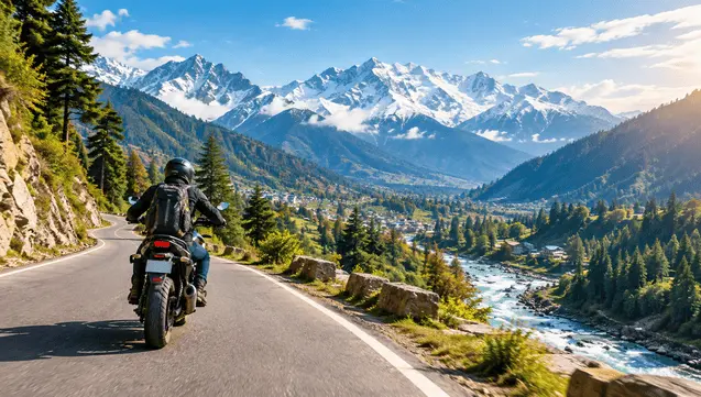 Rider on a scenic mountain road near Manali, Himachal Pradesh